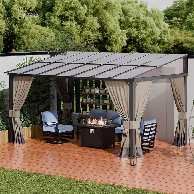 ALAULM 10'x 14' Outdoor Hardtop Pergola,Wall Mounted Lean to Gazebo with Curtains and Netting,Galvanized Metal Frame,Sunshade for Patio, Backyard, Deck and Lawns-Sand