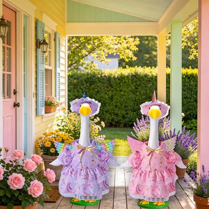 Pink Unicorn Porch Goose Outfits for 23 Inch Lawn Statue, Dress with Wings Hat Colorful Horn Set, Garden Party Birthday Outdoor Decoration, Costume for Plastic Cement Goose
