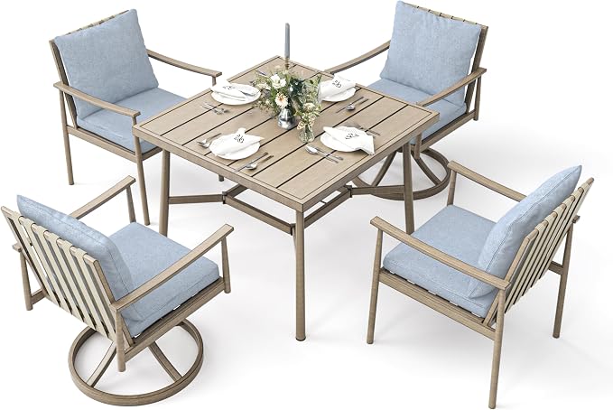 5-Piece Outdoor Dining Set for 4, Aluminum Patio Dining Set with Cushions, 2 Dining Chairs and 2 Swivel Chairs with Rope Backrest, Square Table with Umbrella Hole for Lawn Porch Backyard,Brown