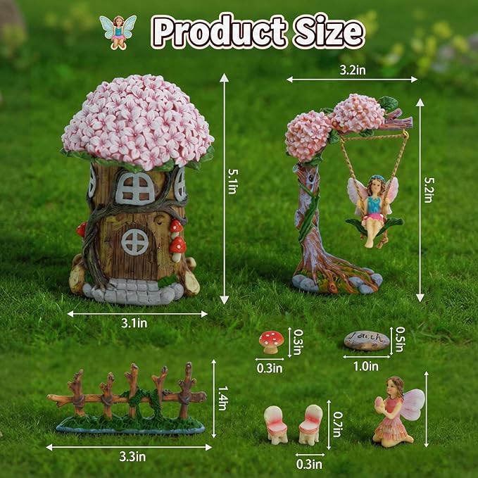 Miniature 8 Pcs Mini Garden Furniture, Fairy Garden Accessories Kit, Resin Figurines with Swing Set, Whimsical Theme, for Outdoor Patio, Yard, Lawn, or Desk