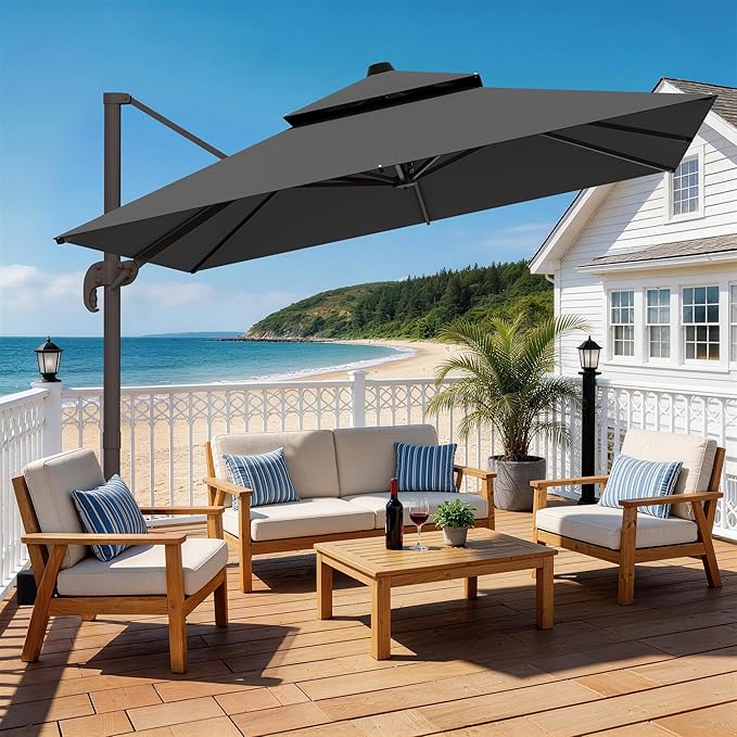 HASLE OUTFITTERS 10x10 FT Patio Cantilever Umbrella with Base, Outdoor Offset Large Rectangular Heavy Duty Double Top Umbrellas with 360° Rotation for Pool Garden Deck,Grey
