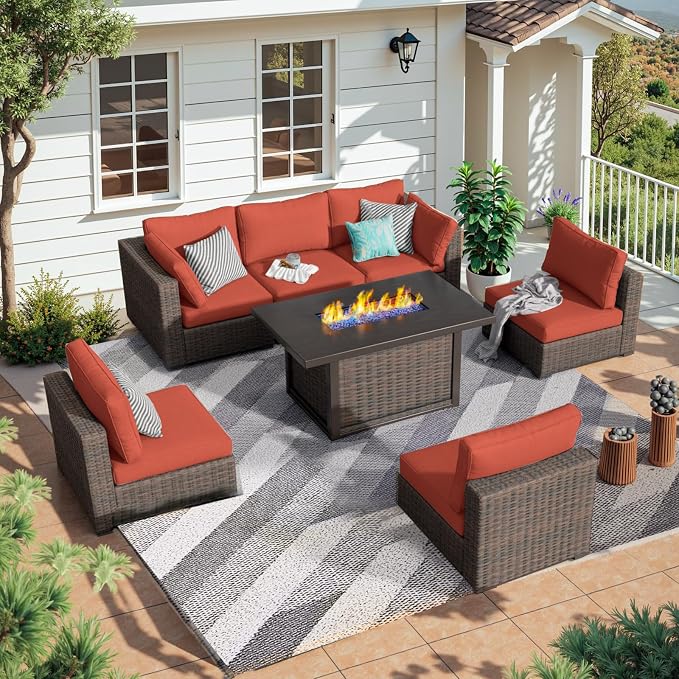 Patio Furniture Set 7 Pieces with 44" Fire Pit Table, Rattan Outdoor Sectional Conversation Sets, All Weather Outdoor Furniture Set with Cushions for Garden Lawn Balcony Porch Deck Red