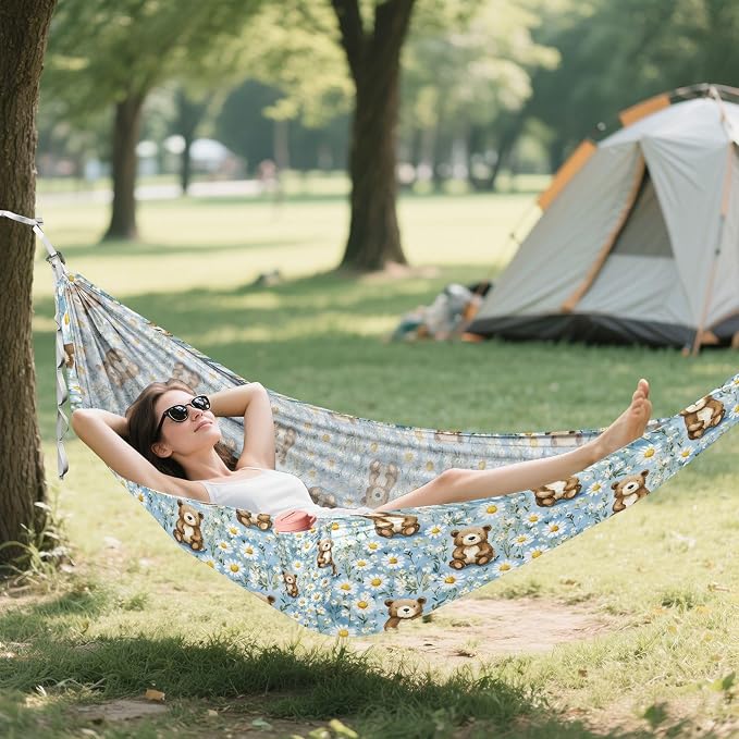 Camping Hammock Outdoor Hammocks for Outside Bear Daisy Flower Beach Trees Portable Lightweight with Pockets Tree Straps Indoor