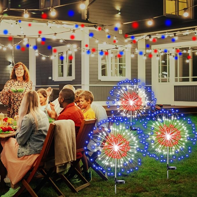 Tujoe 8 Pcs 4th of July Solar Firework Stake Lights 180 LED 8 Modes Solar Waterproof LED Sparkler Lights Outdoor Patriotic Decor for USA 250th Anniversary Garden Patio Yard Pathway (Red White Blue)