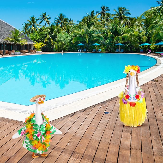 DECOHS 2 Set Hawaiian Porch Goose Outfits, Summer Bikini Lawn Goose Costume, Yard Goose Clothes Grass Skirt Straw Hat with Wreath Glasses Wig for 23" Statue Patio Garden Decoration