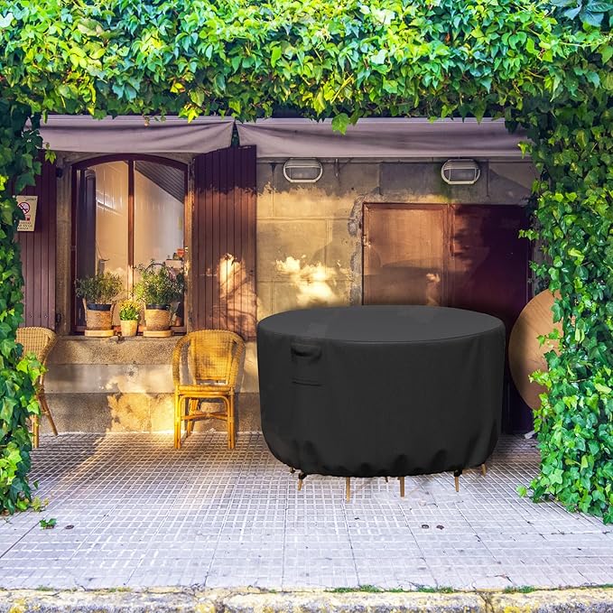 Round Patio Furniture Cover, Waterproof Outdoor Table Covers, Windproof Heavy Duty Patio Cover for Outdoor Table & Chair Set, Tear Resistant, 72"DIA x 28"H, Black