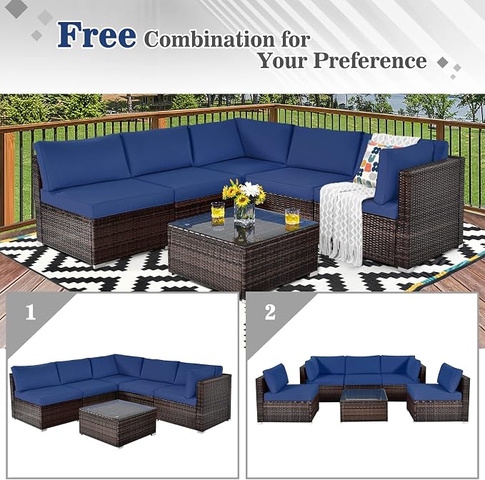 Tangkula 6 Pieces Patio Furniture Set, Outdoor Wicker Conversation Set with Glass Coffee Table, Wicker Sofa Set with Back & Seat Cushions, Rattan Sectional Conversation Set for Backyard Garden