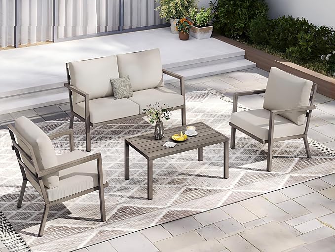 HAPPATIO Aluminum Patio Furniture Set, 4 Pieces Conversation Set with Thick Cushions and Coffee Table, All Weather Loveseat Waterproof and Rustproof for Garden, Backyard, Porch, Grey