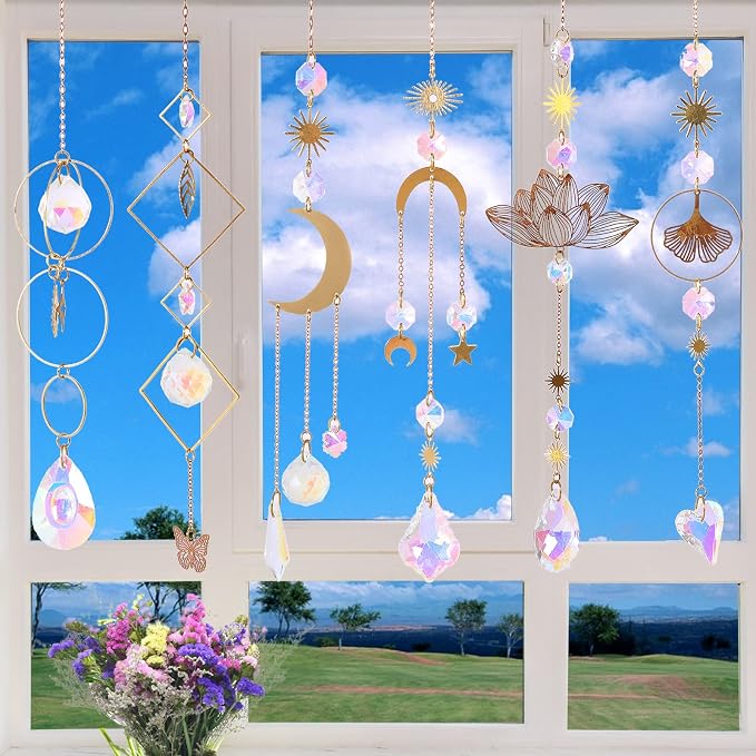 Sun Catchers, 6Pieces Colorful Crystals Suncatcher Hanging for Window | Crystal Ball Prism Rainbow Maker Pendant for Garden Christmas Tree Wedding Party Patio Backyard Car Home Indoor Outdoor Decor
