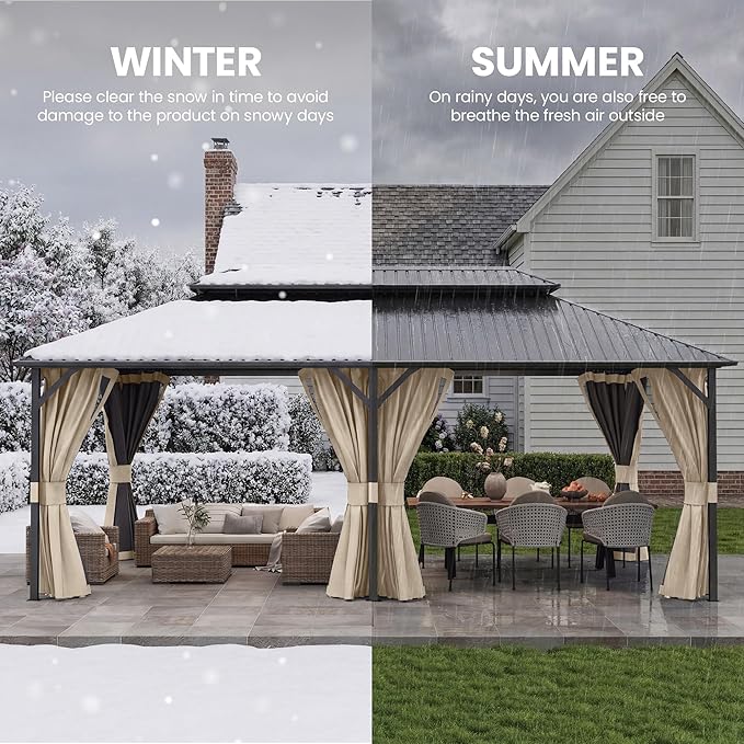 UDPATIO 12'x20' Hardtop Gazebo, Outdoor Metal Gazebo with Galvanized Steel Double Roof, Permanent Pavilion with Netting and Curtains for Lawn, Garden, Patio, Beige