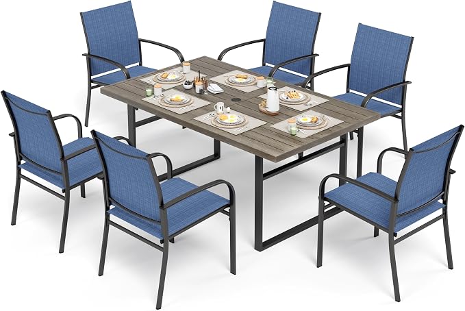 SUNSHINE VALLEY 7 Piece Patio Dining Set for 6, 64” Rectangular Wood-Like Steel Dining Table with Umbrella Hole, 6 x Blue Chairs, Outdoor Table and Chairs Set for Lawn Backyard and Deck