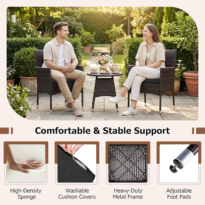Tangkula 3 Piece Patio Furniture Set, Hand-Woven PE Wicker Conversation Set with Contoured Armchairs, Cushions & Round Coffee Table, Outside Bistro Set for Porch, Backyard, Balcony & Poolside (Black)