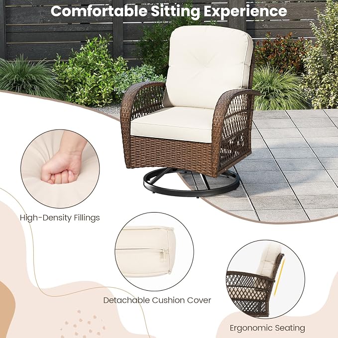 HAPPYGRILL 3 Pieces Patio Furniture Set Outdoor Rattan Swivel Rocker Chairs with Side Table, Outside Sectional Conversation Set with Swivel Rocking Chairs for Deck Porch Garden (White)