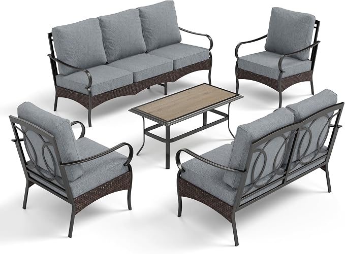 PHI VILLA Outdoor Modern Patio Furniture Set, Upgraded Wicker & Metal Patio Conversation Set with Waterproof Thick Cushions for Porch, Poolside, Yard (5 Pieces,Grey)