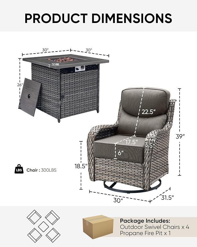 HUMMUH Wicker Patio Furniture Set with Patio Swivel Chairs Set of 4 and 50,000 BTU Fire Pit Table,6 Inch Thick Cushions High Back Outdoor Swivel Rocker Chairs Set for Porch, Balcony, Deck