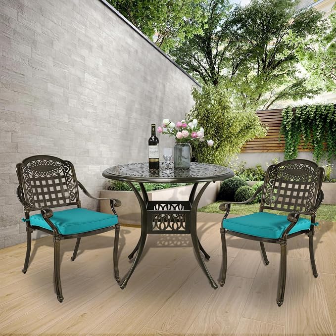 MEETWARM 3 Piece Patio Bistro Set, Outdoor All-Weather Cast Aluminum Dining Furniture Set Includes 2 Chairs with Cushions and a 35.4” Round Table with Umbrella Hole for Garden Deck, Ocean Blue