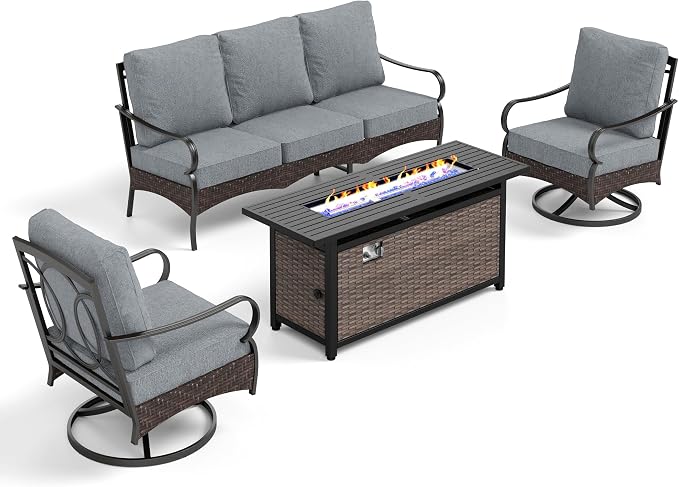 PHI VILLA Patio Furniture Set with 56" Fire Pit Table, Premium Outdoor Wicker Metal Frame Furniture with Upgraded Waterproof Thick Cushions for Porch, Poolside, Deck, and Yard (4 Pieces, Grey