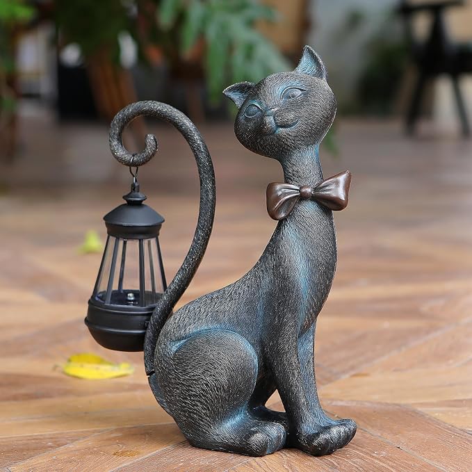 Cat Outdoor Statues with Solar Garden Light:Cat Garden Statues for Outside Fall Decor Clearance,Outdoor Figurine for Yard Art Lawn Ornaments Patio Balcony Home House - Birthday Gifts for mom Grandma
