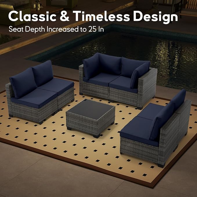 Bonzy Home 7 Pieces Outdoor Patio Furniture Set, PE Rattan Outdoor Sectional Furniture Sofa Set with Removable Cover and Glass Coffee Table, Patio Sofa for Balcony, Porch, Garden, (Grey-Navy Blue)