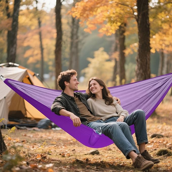 Purple Solid Color Camping Hammock, Portable Lightweight Single Hammock with Tree Straps and Aluminum Carabiners, 114" x 54" Travel Hammock for Hiking Backpacking Beach