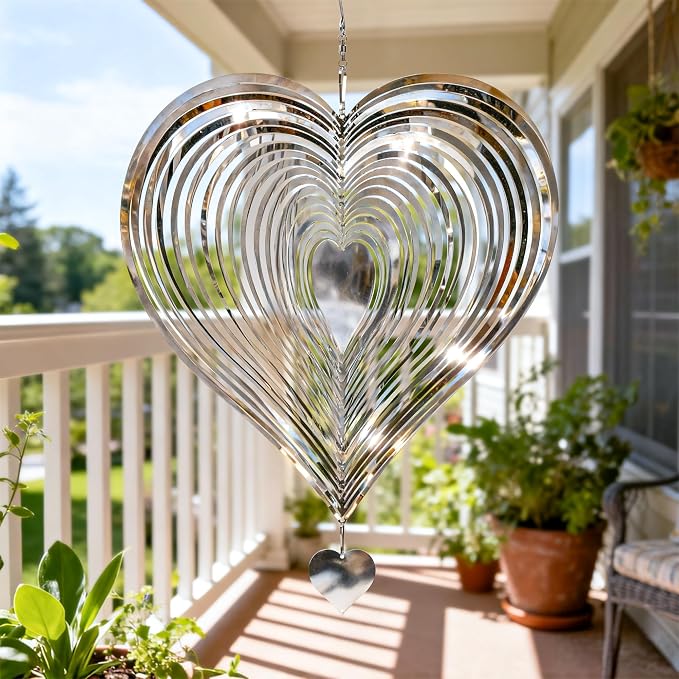 Wind Spinner 12-Inch Garden & Yard Decor, Birthday Gift for Mom | Hanging Yard Art, Garden Decoration for Outdoor and Indoor, Birthday Gift for Women, 3D Heart, Stainless Steel, 2 Pack