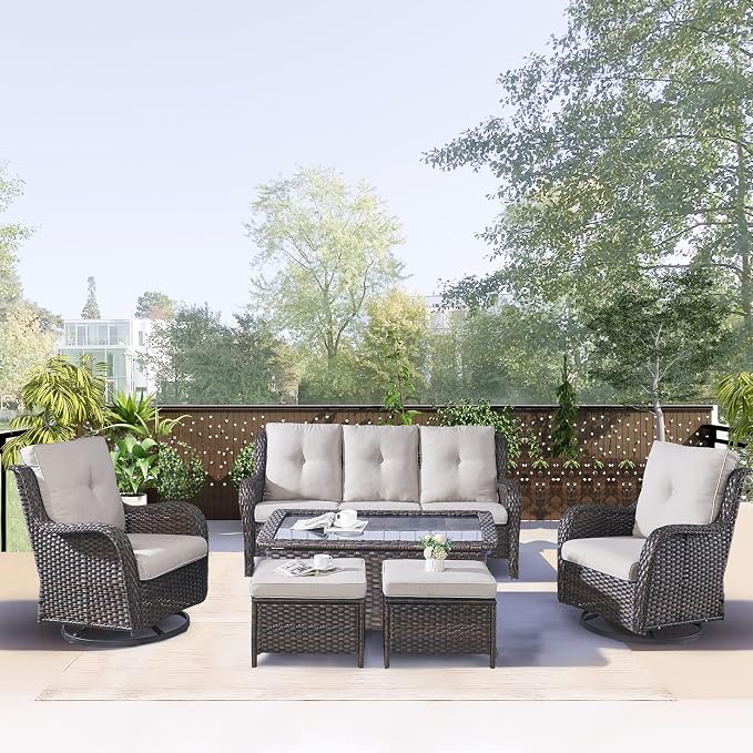 Rilyson 5 Piece Outdoor Patio Furniture Set - Rattan Wicker Patio Conversation Sets with 2 Swivel Rocker Chairs,2 Ottomans and 1 Sofa for Outside Porch Deck Backyard(Brown/Beige)