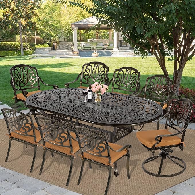 MEETWARM 9-Piece Outdoor Patio Dining Set, All-Weather Cast Aluminum Patio Conversation Set with 2 Swivel Rocker Chairs, 6 Stationary, 1 Oval Table, 8 Cushions, 2" Umbrella Hole