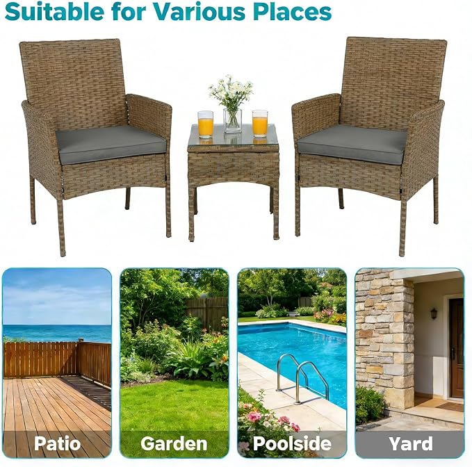 UNITED FLAMES 3-Piece Outdoor Wicker Bistro Set, PE Rattan Patio Chairs & Side Table with Cushions, Weather Resistant Conversation Set for Balcony, Porch, Garden (Grey)