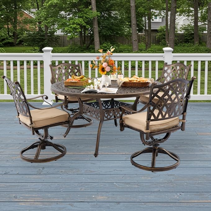 5-Pcs Cast Aluminum Patio Dining Set with 4 Swivel Chairs,Bronze | Outdoor Furniture Set Include 54" Round Dining Table and 4 Swivel Chairs with Cushions & Umbrella Hole