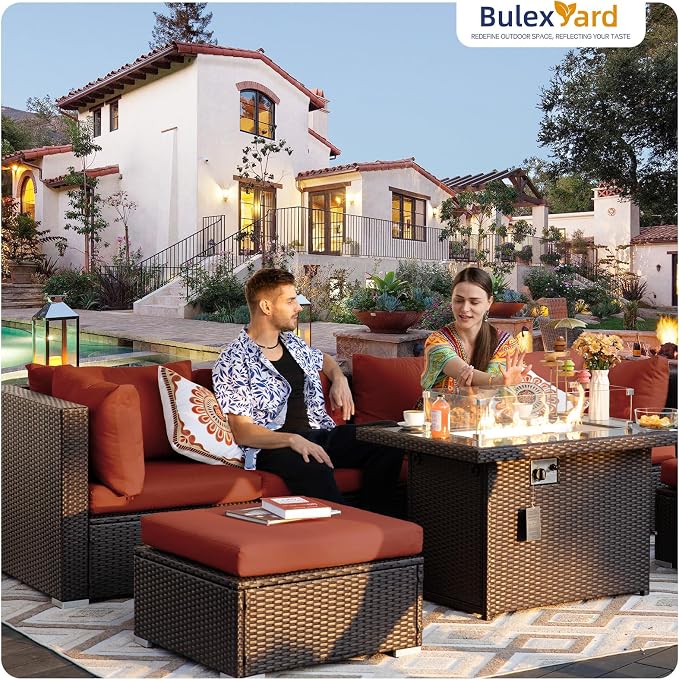 BULEXYARD 11 Piece High Back Wicker Patio Furniture Sets with Fire Pit, Luxury Extra Large Size Outdoor Seating Set, Comfortable Extra Wide Deep 10-Seater Sectional Couch Sofa for Outside, Brown & Red