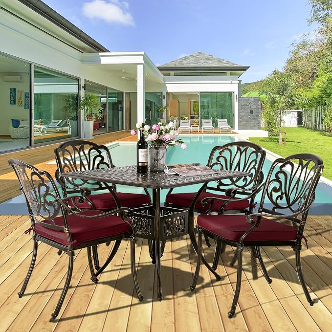 MEETWARM 5-Piece Outdoor Patio Dining Set, All-Weather Cast Aluminum Patio Conversation Set for Backyard Garden Deck with 4 Chairs, 4 Cushions and 35.4" Square Table, 2.2" Umbrella Hole, Chili Red