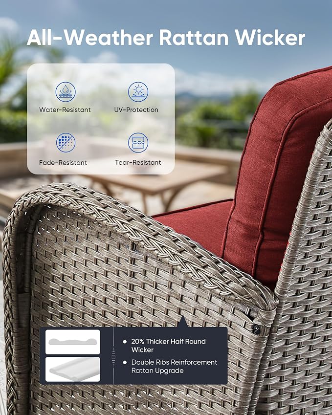 5 Pieces Outdoor Wicker Patio Furniture Set-High Back Outdoor Rocking Chairs Set of 2 with Ottoman Patio Conversation Sets for Deck Lawn Porch Balcony Poolside-Grey/Red