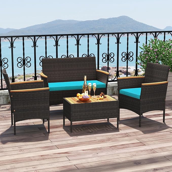 Tangkula 4 Pieces Patio Wicker Sofa Set, 2 Rattan Chairs & Loveseat w/Coffee Table, Acacia Wood Armrests & Tabletop, Outdoor Cushioned Conversation Set for Backyard, Poolside (Turquoise, 8 Pieces)
