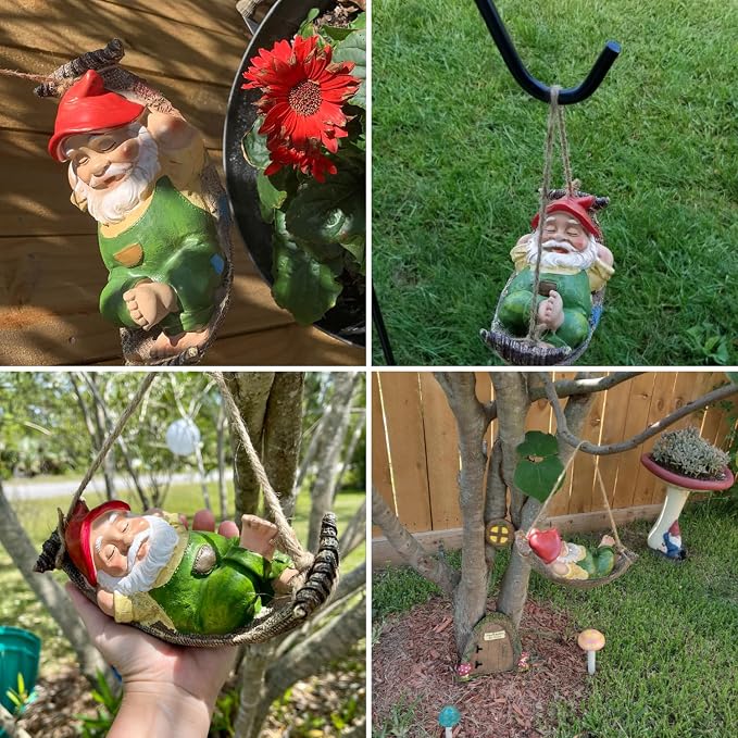 TERESA'S COLLECTIONS Green Garden Gnomes Statues for Garden Decor, Resin Hanging Decorations for Outdoor, Tree Ornaments Figurines for Outside Stump Lawn Patio, Gifts for Mom Women and Man, 8"