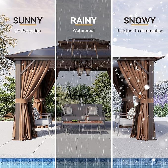 Aoxun 10'x12' Hardtop Gazebo, Aluminum Frame Permanent Pavilion with Netting and Curtains, Outdoor Polycarbonate Double Roof Canopy, Designed for Lawn, Garden, Patio (Brown)