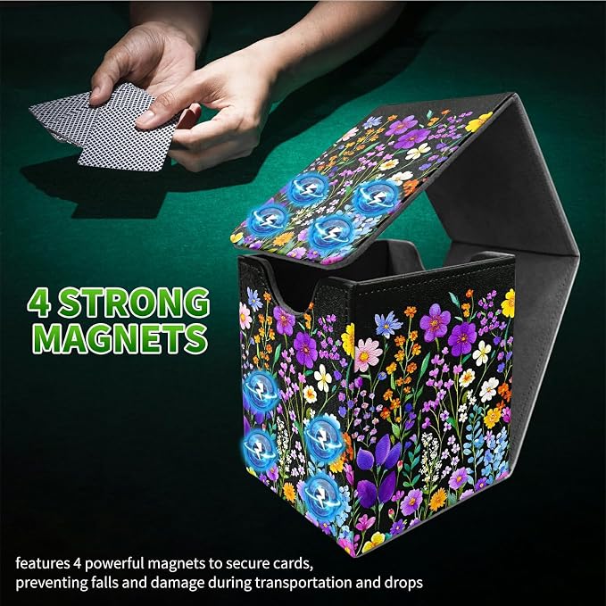 Deck Box for MTG, Cards Storage Box Fits 120+ Sleeved, Leather Medium Size Strong Magnetic Closing Card Case for Board Games Magic TCG CCG Baseball Collection, Purple Wildflower