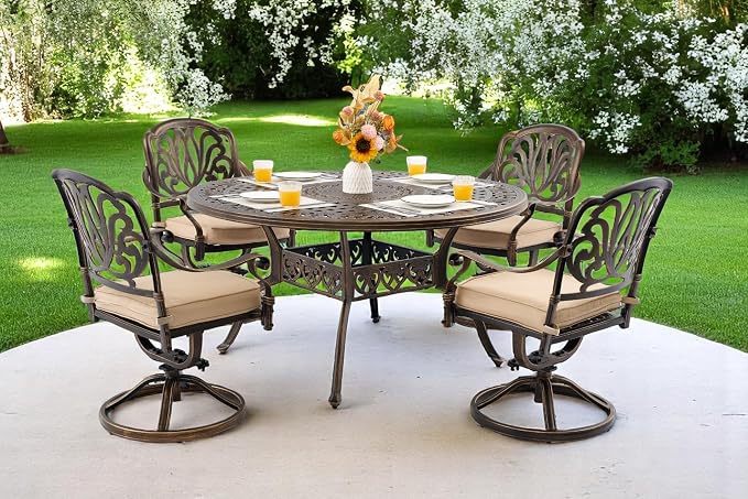 Outdoor Dining Set Cast Aluminum Retro Patio Dining Set with Thicker Cushion and Umbrella Hole for Patio Deck (Bronze Swivel Chair(Elizabeth), 5 Pcs(54" Round Table))