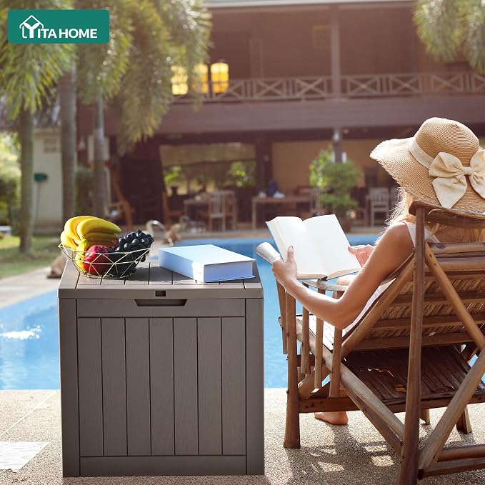 YITAHOME 30 Gallon Deck Box Outdoor Storage Box, Waterproof Resin Package Delivery and Storage Box with Lockable Lid for Patio Furniture Cushions, Pool Accessories, Garden Tools, Brown