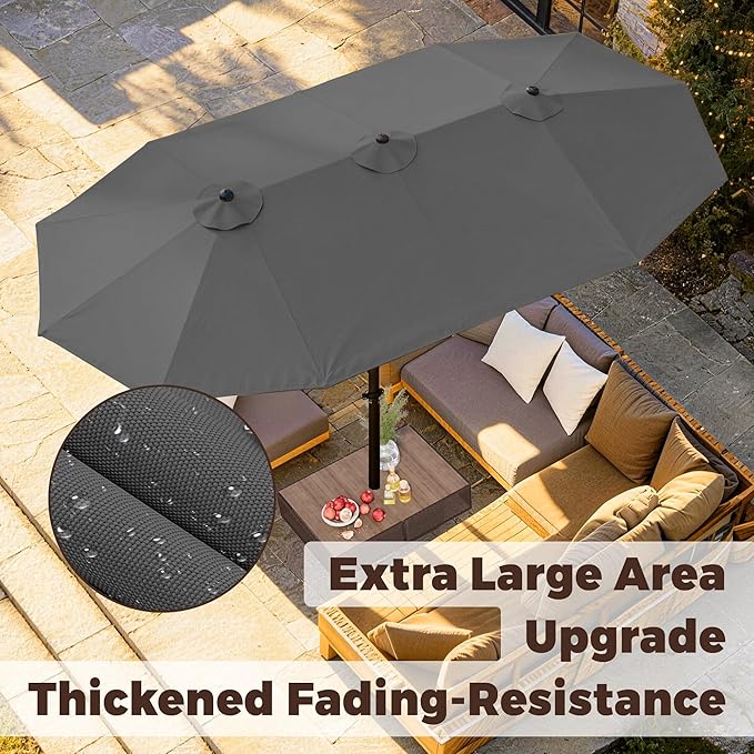 GDPFN 13FT Large Patio Umbrella, Outdoor Deck Standing Umbrella with Crank Handle, Double-Side Rectangular Pool Umbrella for Outside, Market, Patio, Dark Gray (Base Not Include)