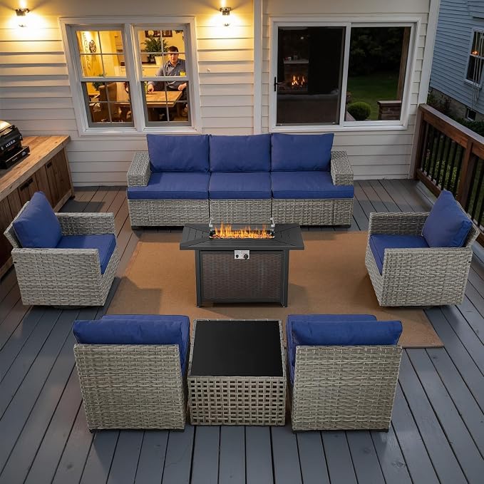 13 Piece Patio Furniture Set with 43" Propane Fire Pit Table, 10-Seater Modular Wicker Sectional Sofa with Swivel Rocker Patio Chairs for Deck Backyard or Outdoor Gatherings