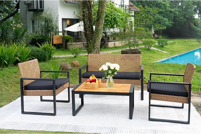 Merax 4 Pcs Patio Furniture Set, Outdoor Acacia Wood Table with 3 Chairs, All-Weather Garden Balcony Backyard Lawn Conversation Set (Black and Light Brown)