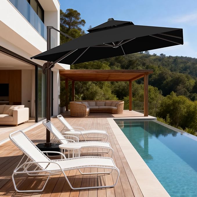 10x10Ft Patio Umbrella Outdoor Cantilever Rectangle Umbrella with Base Included, 6-Level Tilt & 360° Rotation Offset Umbrella for Garden, Deck, Pool(Black)
