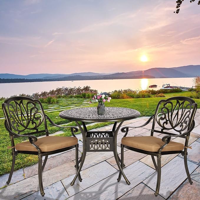 3-Piece Outdoor Patio Dining Set, All-Weather Cast Aluminum Patio Furniture Set for Backyard Garden Deck with 2 Cushioned Chairs and 35.4” Round Table, 2" Umbrella Hole