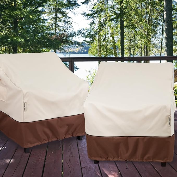 2Pack Waterproof Patio Chair Covers-600D Oxford Heavy Duty Outdoor Furniture Cover, UV & Wind Resistant Deep Seat Chair Protector for All Seasons (Beige/Brown, 31.5" W x 33.5" D x 36" H)