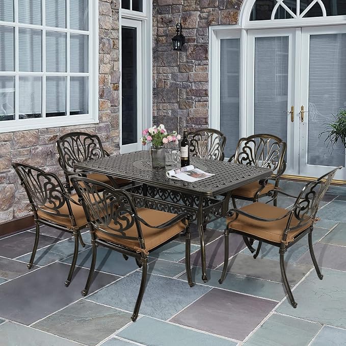 VIVIJASON 7-Piece Outdoor Furniture Dining Set, All-Weather Cast Aluminum Patio Conversation Set, Include 6 Cushioned Chairs and a Rectangle Table with Umbrella Hole for Balcony Lawn Garden Backyard