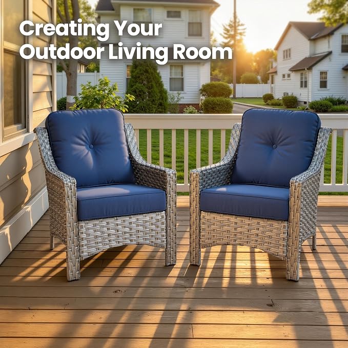 2 Piece Patio Furniture Set, Outdoor Wicker Chairs Set of 2 with Thick Cushion, Heavy Duty High Back Comfortable Chair for Small Balcony Porch Garden, Navy Blue