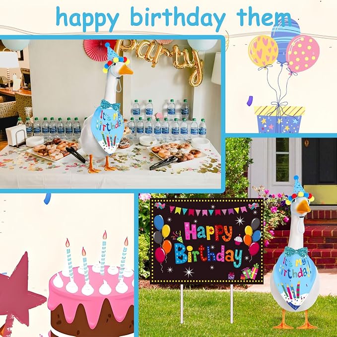 Birthday Outfit Set for Porch Goose Statue 23"& 17" - Party Bandana, Hat & Bow Tie for Outdoor Yard Decor, Cement Goose