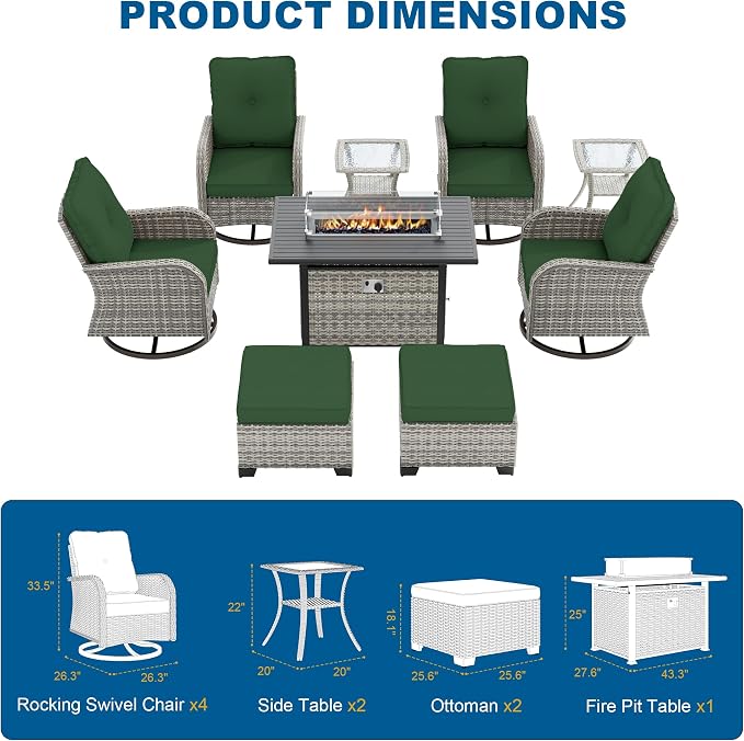 9-Piece Small Patio Furniture Set, Outdoor Swivel Rocking Chairs Set with 55,000 BTU Fire Pit Table Wicker Chairs and Ottomans, Patio Bistro Set for Balcony, Deck, Porch,Dark Green