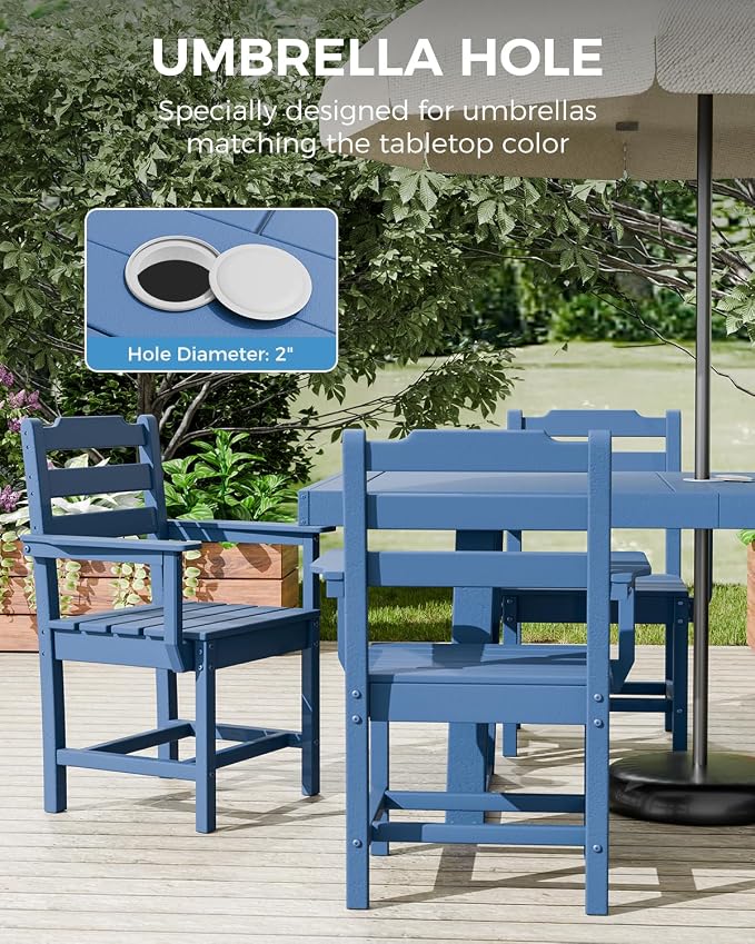 K Knowbody 5-Piece Outdoor Patio Dining Table and Chairs Set, Seats 4 | Steel-Reinforced HDPE, 100 lb/sq ft Load Capacity, 2-Inch Umbrella-Ready Tables, All-Weather, Fade-Resistant, Navy Blue