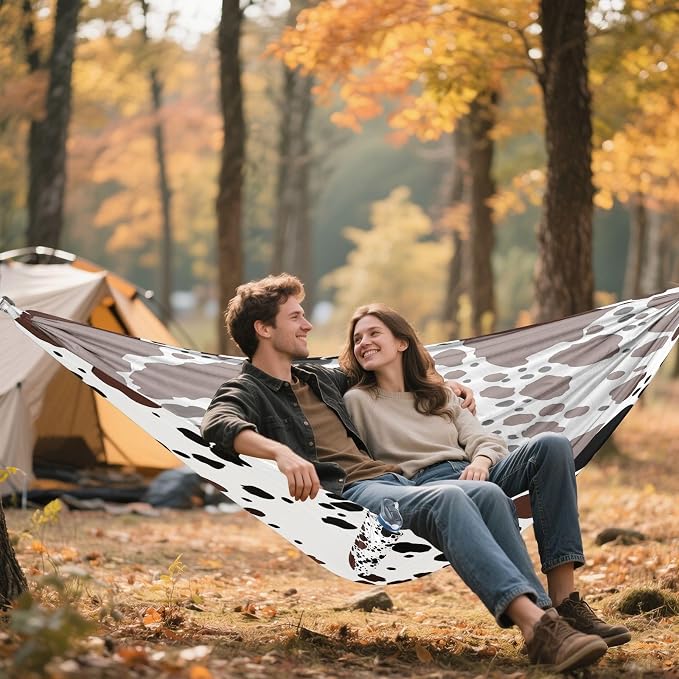 Cow Brown Spots Pattern Camping Hammock, Portable Lightweight Single Hammock with Tree Straps and Aluminum Carabiners, 114" x 54" Travel Hammock for Hiking Backpacking Beach